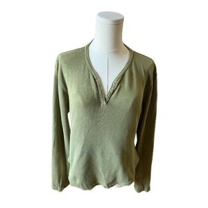 Mossimo Henley Shirt Long Sleeves Waffle Knit Thermal Green V-Neck Womens Large​